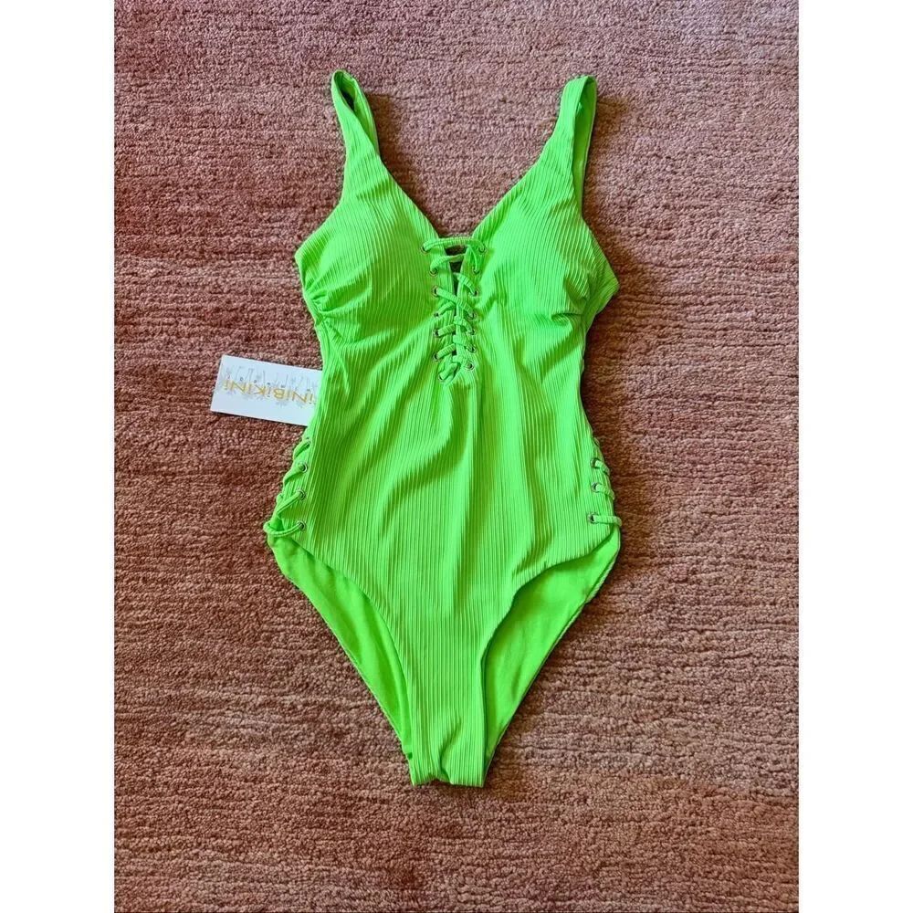 TiNiBiKiNi One Piece Swimsuit XS Citrus Green Lace Up Ribbed Monokini